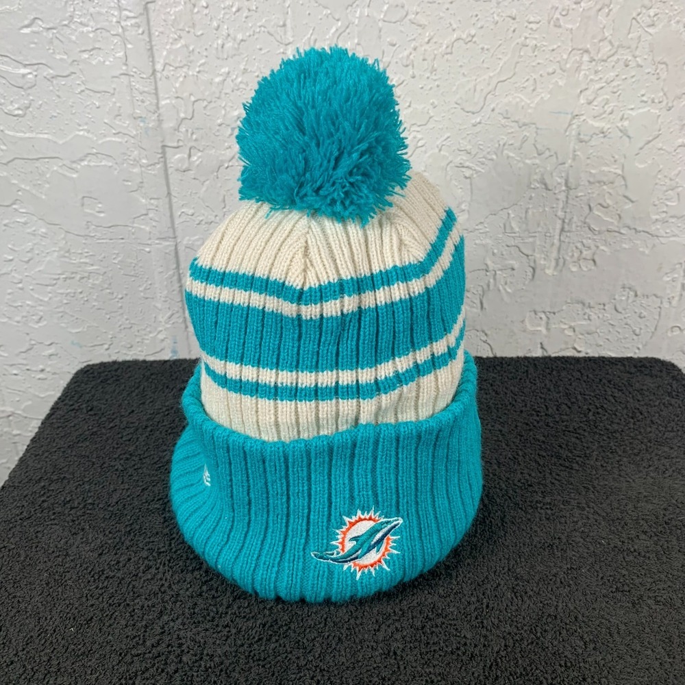 Miami Dolphins Knit Beanie Adult Blue White Hat with Pom New Era